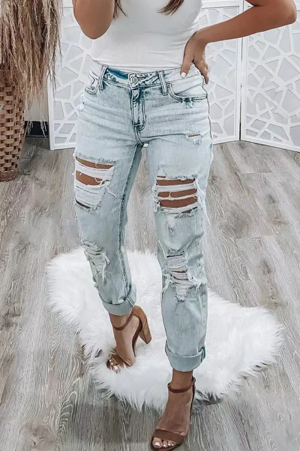 Ripped Low Waist Straight Leg Jeans