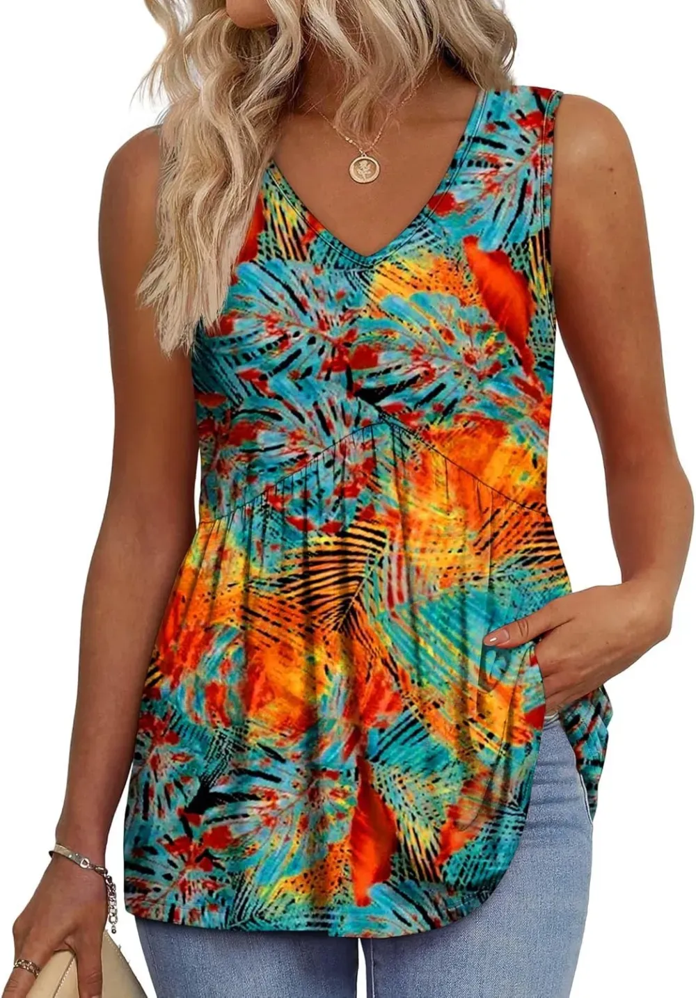📣Women's Print Flowy Sleeveless V Neck Peplum Tank Tops