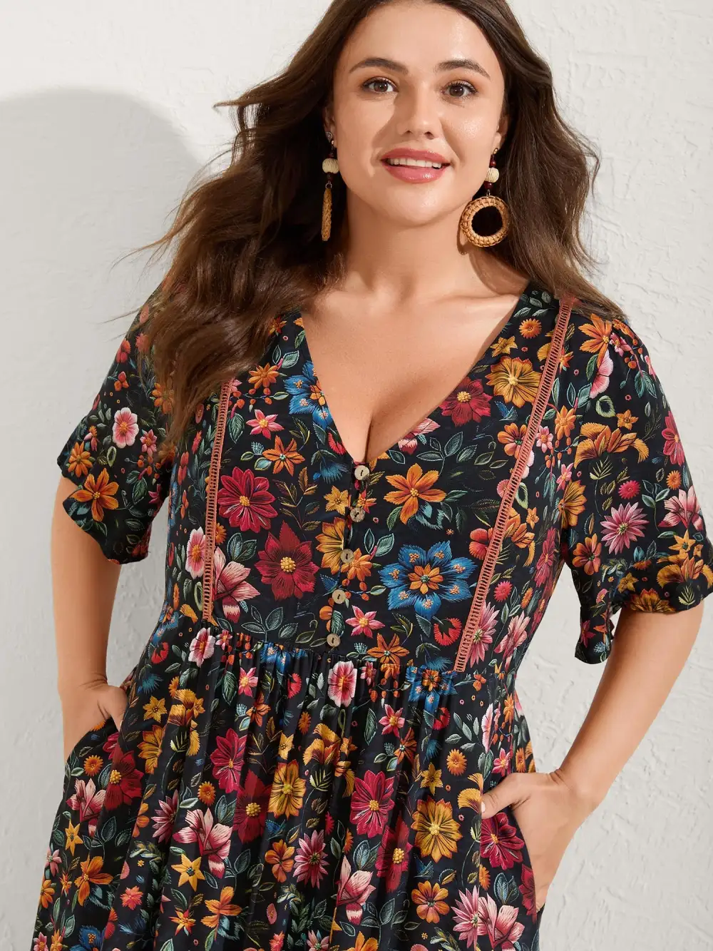 Rayon Floral Lace Trim Button Maxi Dress