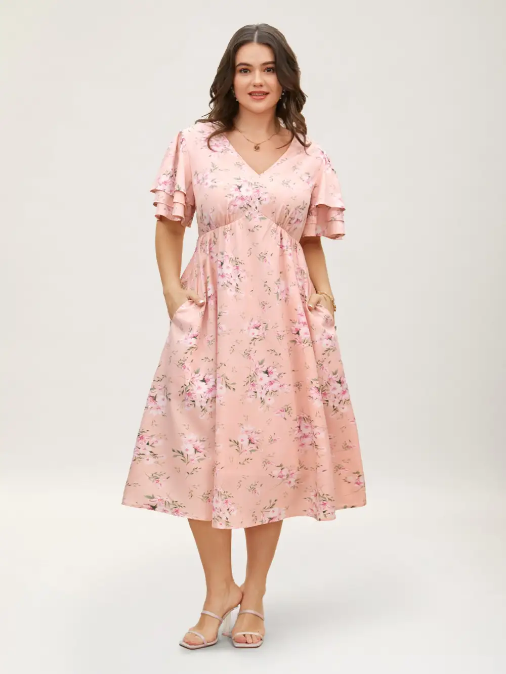 Floral Elastic Waist Tiered Ruffle Sleeve Dress