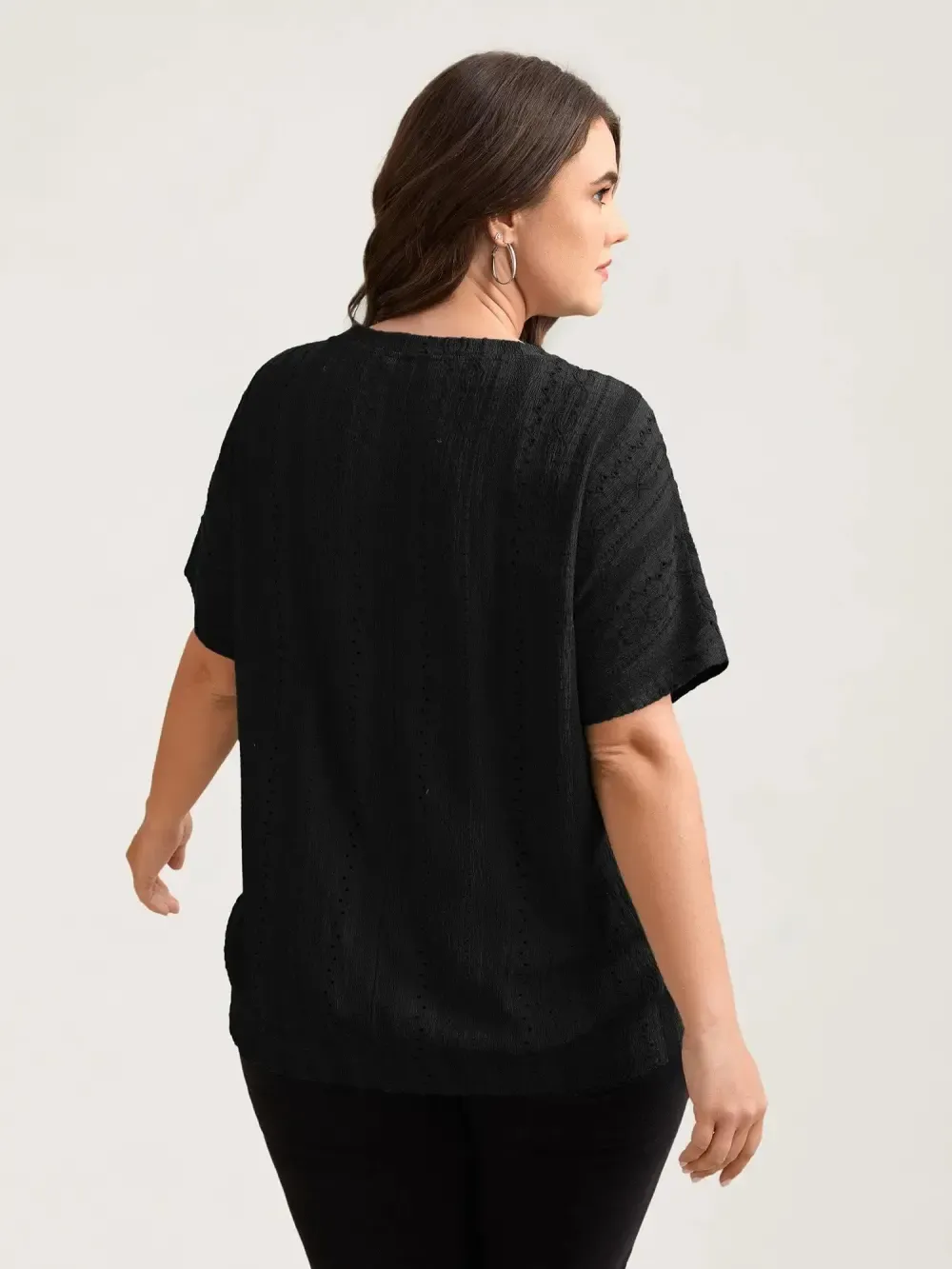 Eyelet Trim Stretchy Textured Plain Top