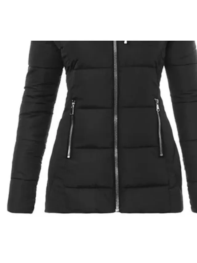 Women's Puffer Jacket Winter Jacket Winter Coat Comfortable Casual Daily Casual Daily Weekend Fur Collar Fleece Lined Zipper Hoodie Daily Comtemporary Stylish Simple Solid Color Regular Fit Outerwear