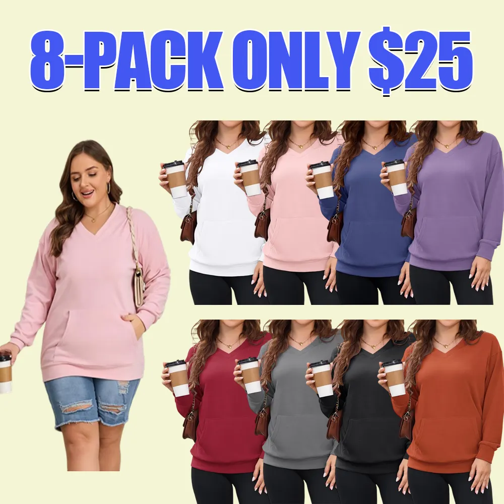 Women's Hoodless V-neck Sweatshirt With Kangaroo Pocket Fleece Longsleeve Oversized Casual Style Shirt
