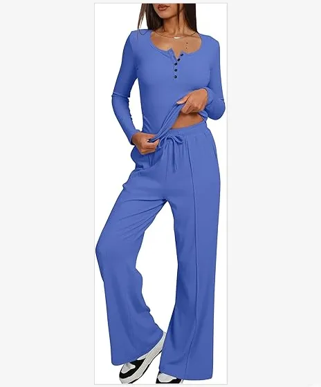 Women's Autumn Fashion Two-Piece Casual Suit Long Sleeve Top Henley Shirt Wide Leg Pants Travel Suit