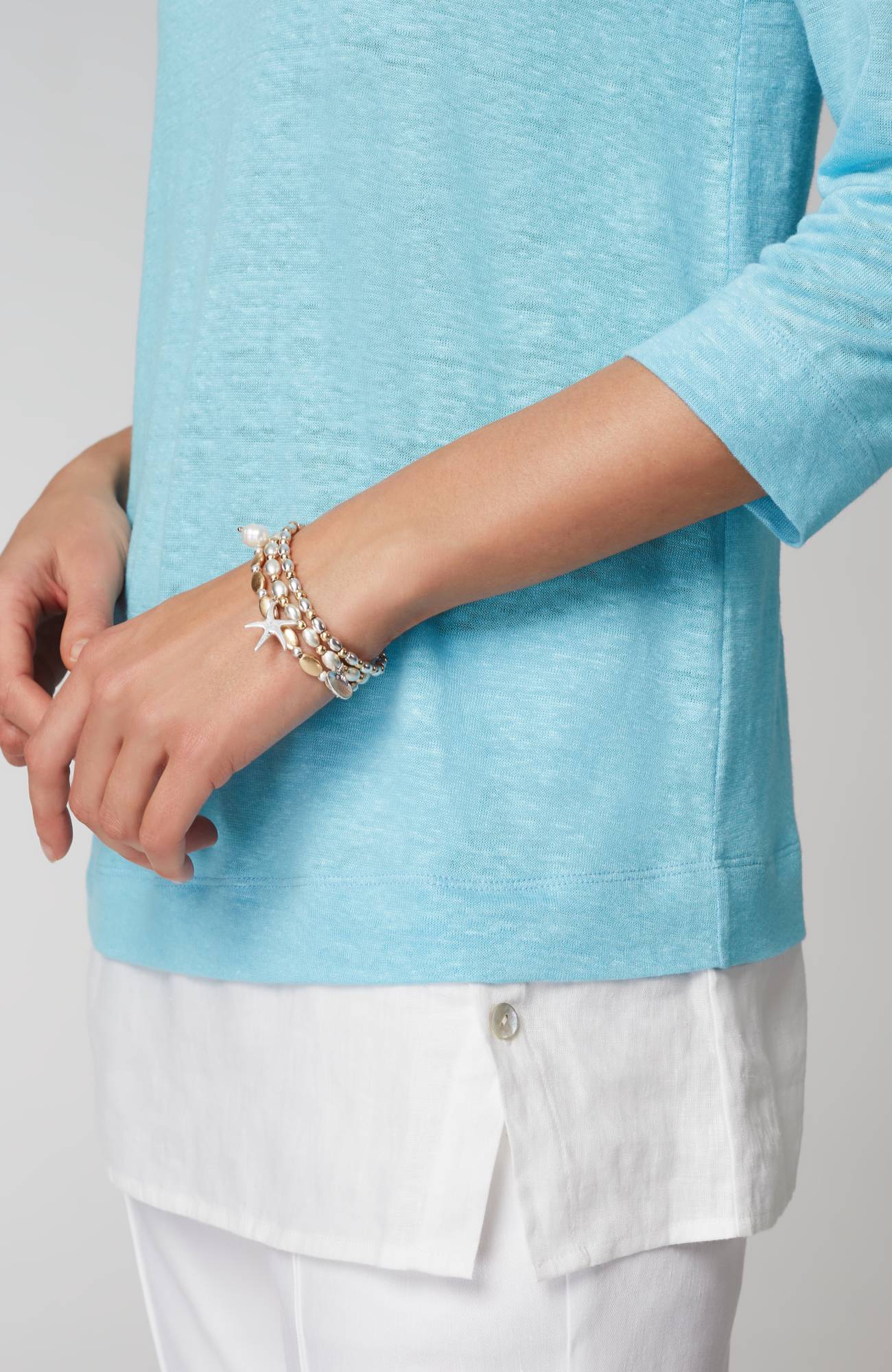 Layered-Hem Mixed-Media Linen Tunic