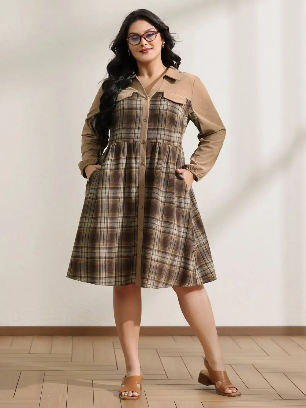 Corduroy Plaid Pattern Contrast Midi Dress
