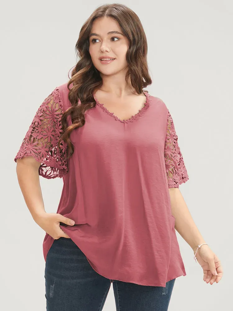 Plain V Neck Floral Patchwork Blouse