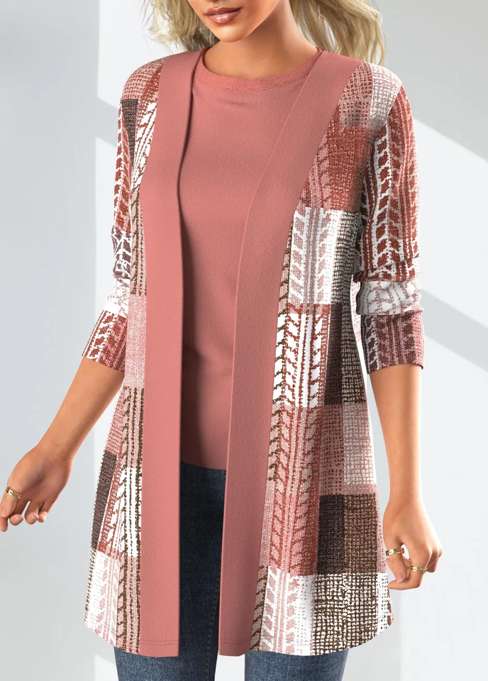 Pink Patchwork Geometric Print Long Sleeve Coat
