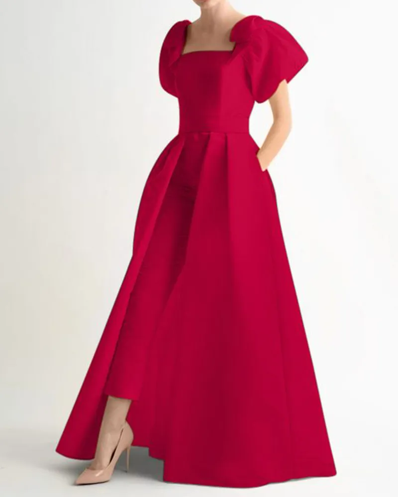 Large skirt satin brocade jumpsuit with bow