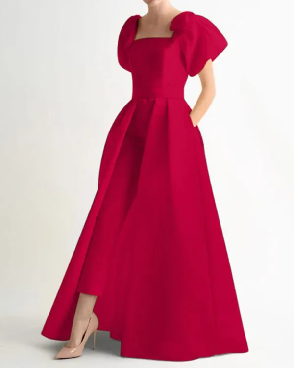 Large skirt satin brocade jumpsuit with bow