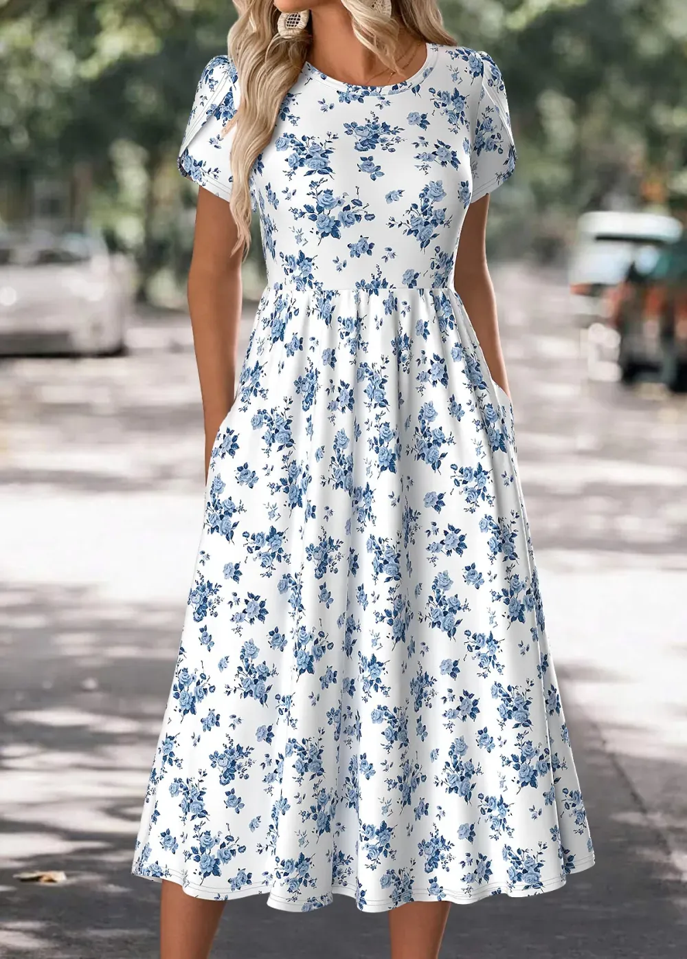 White Floral Print Short Sleeve Round Neck Dress