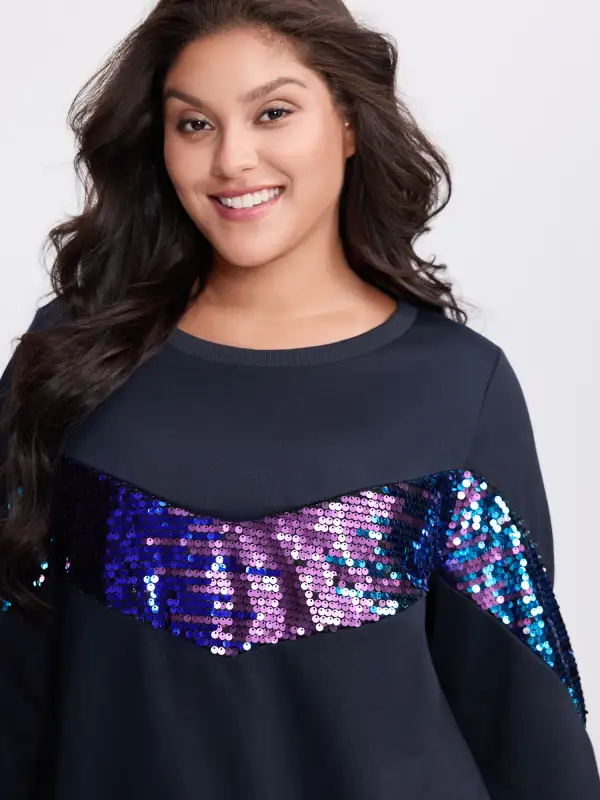 Iridescent Sequin Spliced Round Neck Sweatshirt