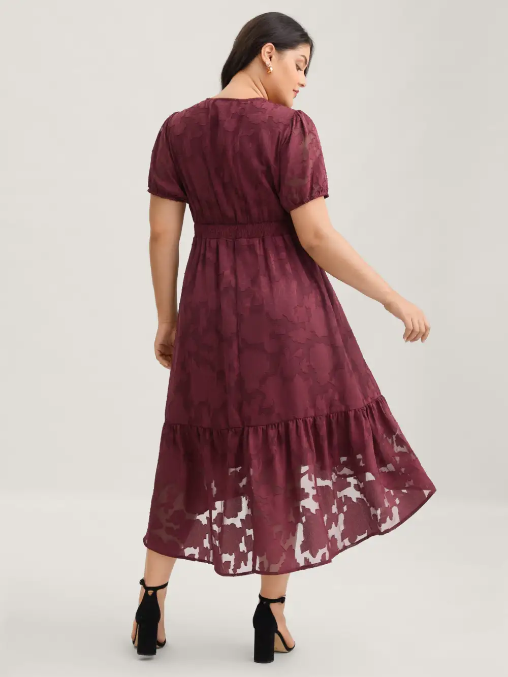 Solid Textured Lantern Sleeve Button Detail Dress