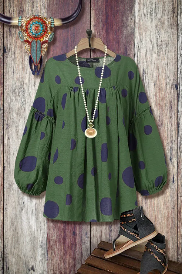 Polka Dot Print Lantern Sleeve Babydoll Top