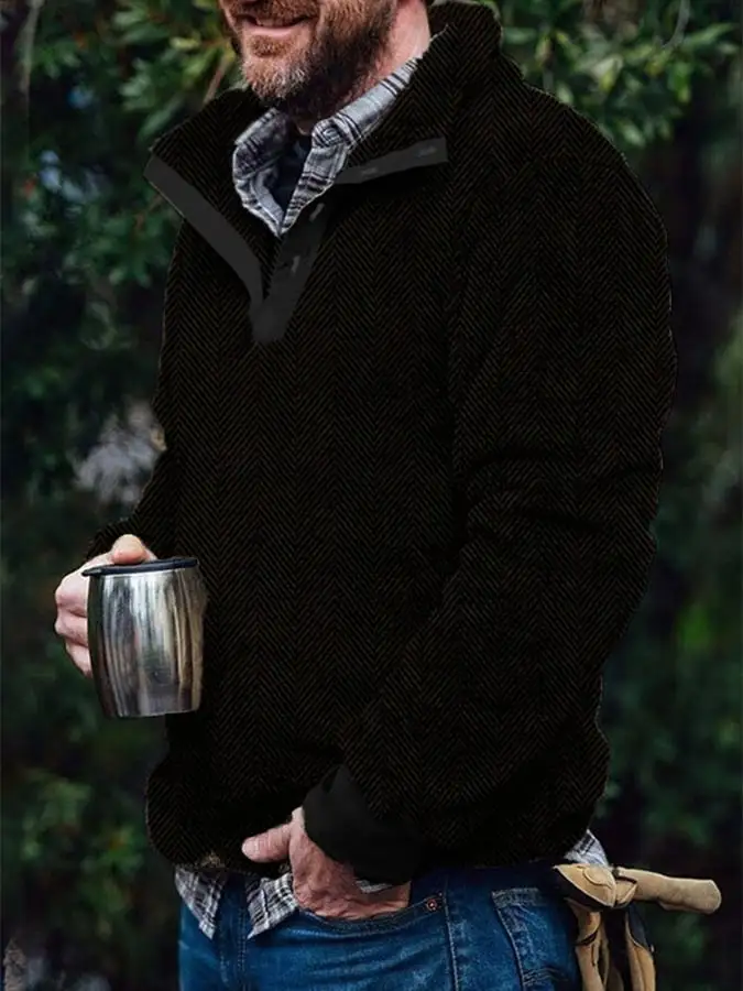 Men's Flannel Vintage Herringbone Button Pullover Sweatshirt