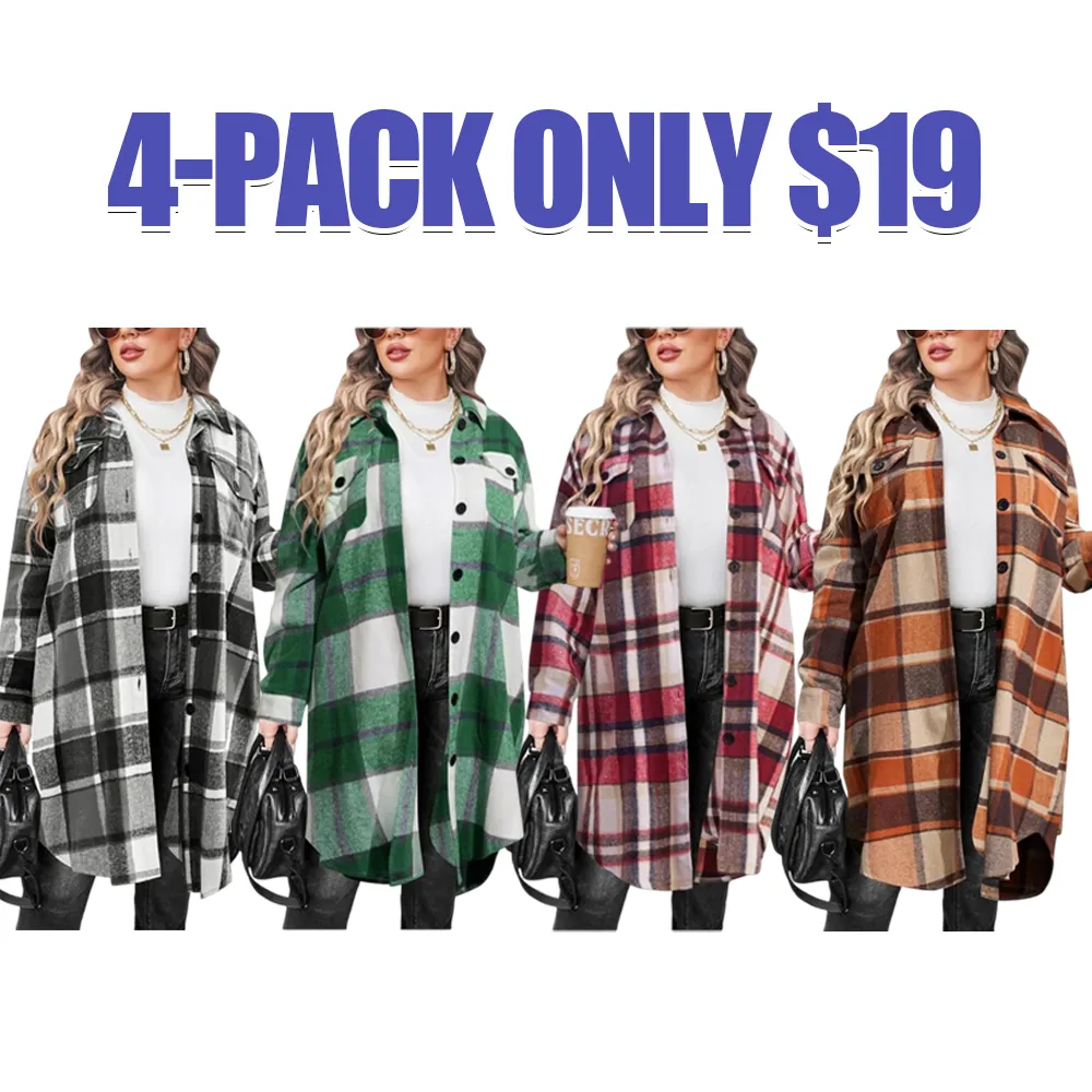 Womens Plus Size Flannel Plaid Shirts Long Sleeve Lounge Lapel Boyfriend Button Down Tartan Long Jacket Coats