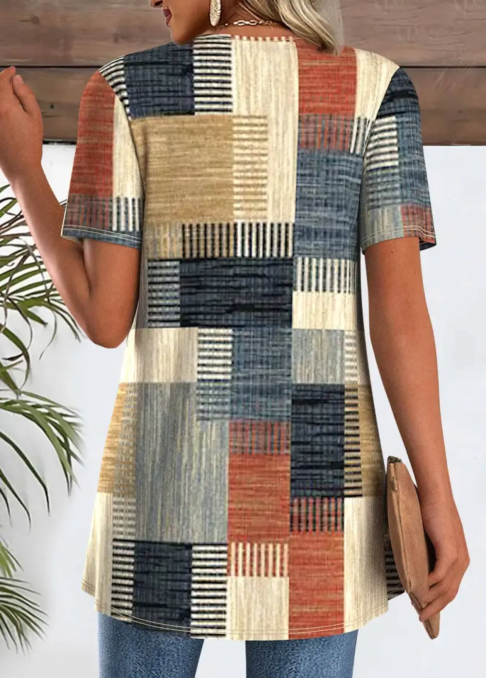 Multi Color Geometric Print Fake Two Piece Twinset