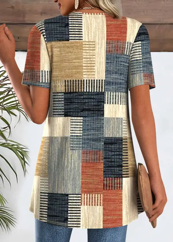 Multi Color Geometric Print Fake Two Piece Twinset