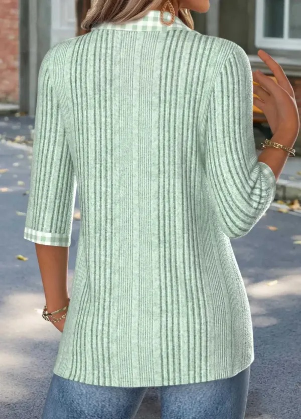 Sage Green Gingham Print 3/4 Sleeve T Shirt