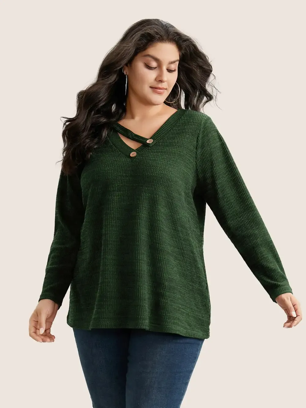 Solid Rib Knit Button Detail T-Shirt