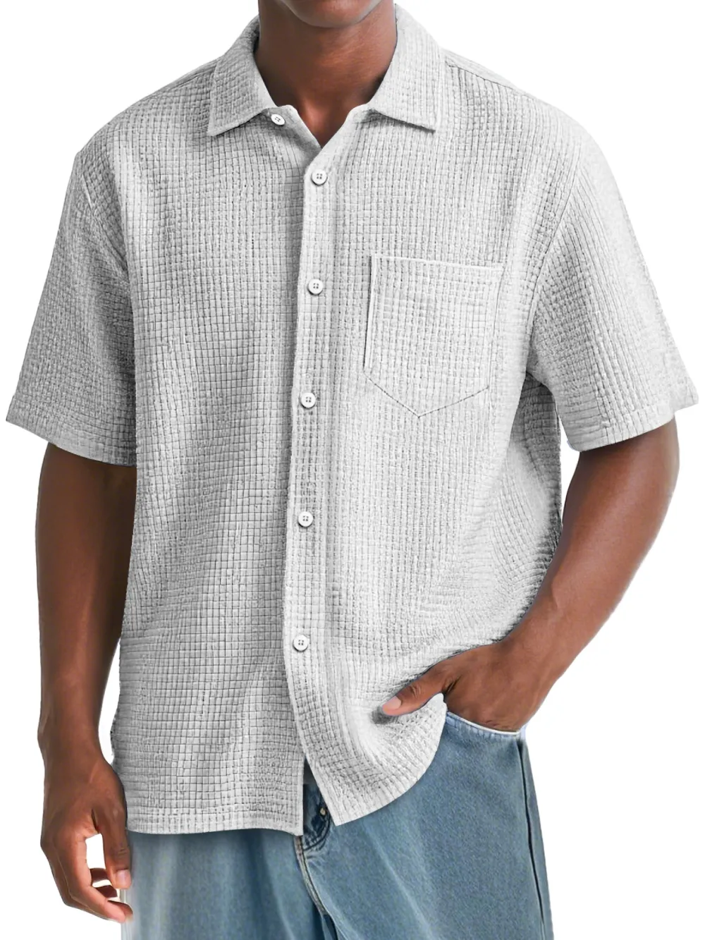 Men's Daily Waffle Texture Casual Pocket Comfort Short Sleeve Shirt