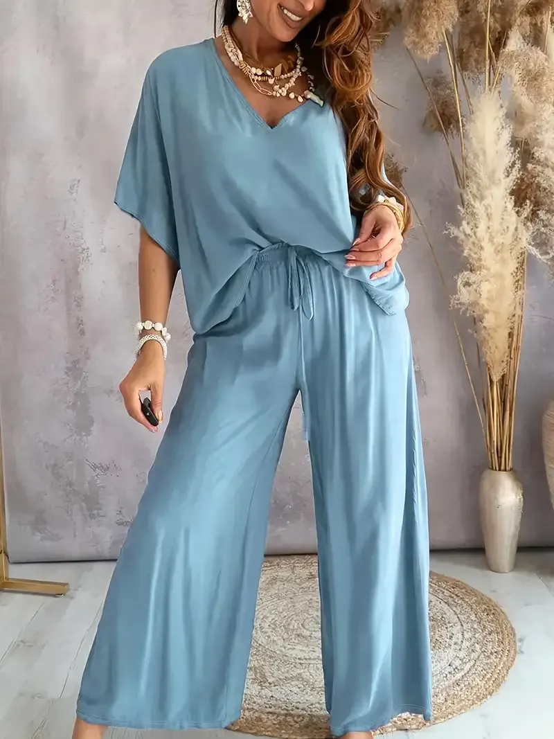 Casual Solid Color Pants Set, Half Sleeve V Neck Top & Wide Leg Pants Outfits,