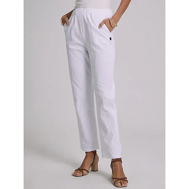 Women's Plus Size Loungewear Pants Pure Color Simple Casual Comfort Home Street Cotton And Linen Long Pant Summer Spring White Blue
