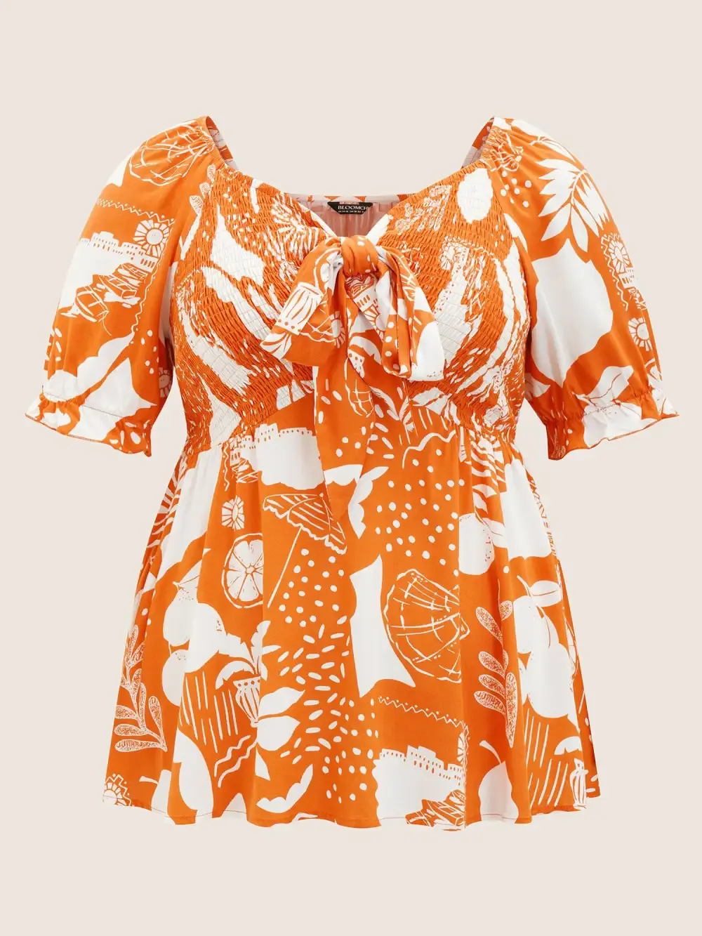 Tropical Print Bowknot Shirred Lantern Sleeve Blouse