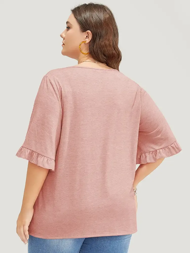 Solid Gathered Ruffle Trim Flounce Sleeve T-shirt
