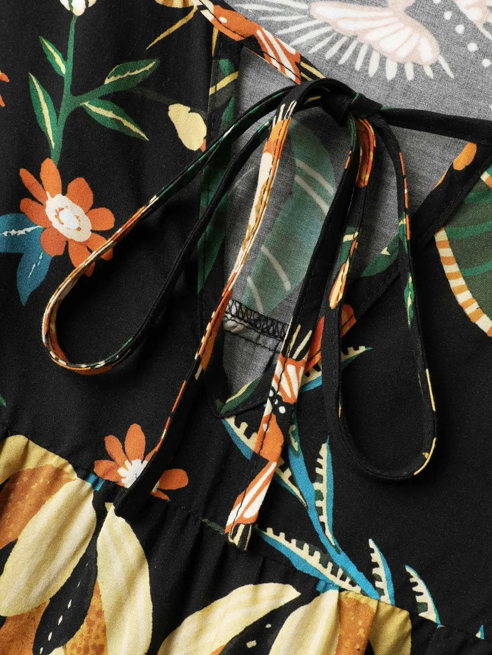 Rayon Boho Floral Neck Tie Blouse