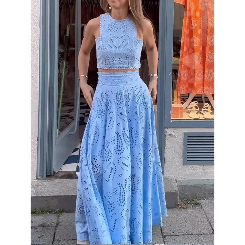 Women Summer 2 Pieces Set O-neck Single Button Ankle-length A-line Dress Sets For Beach Vacation Party Womenswear