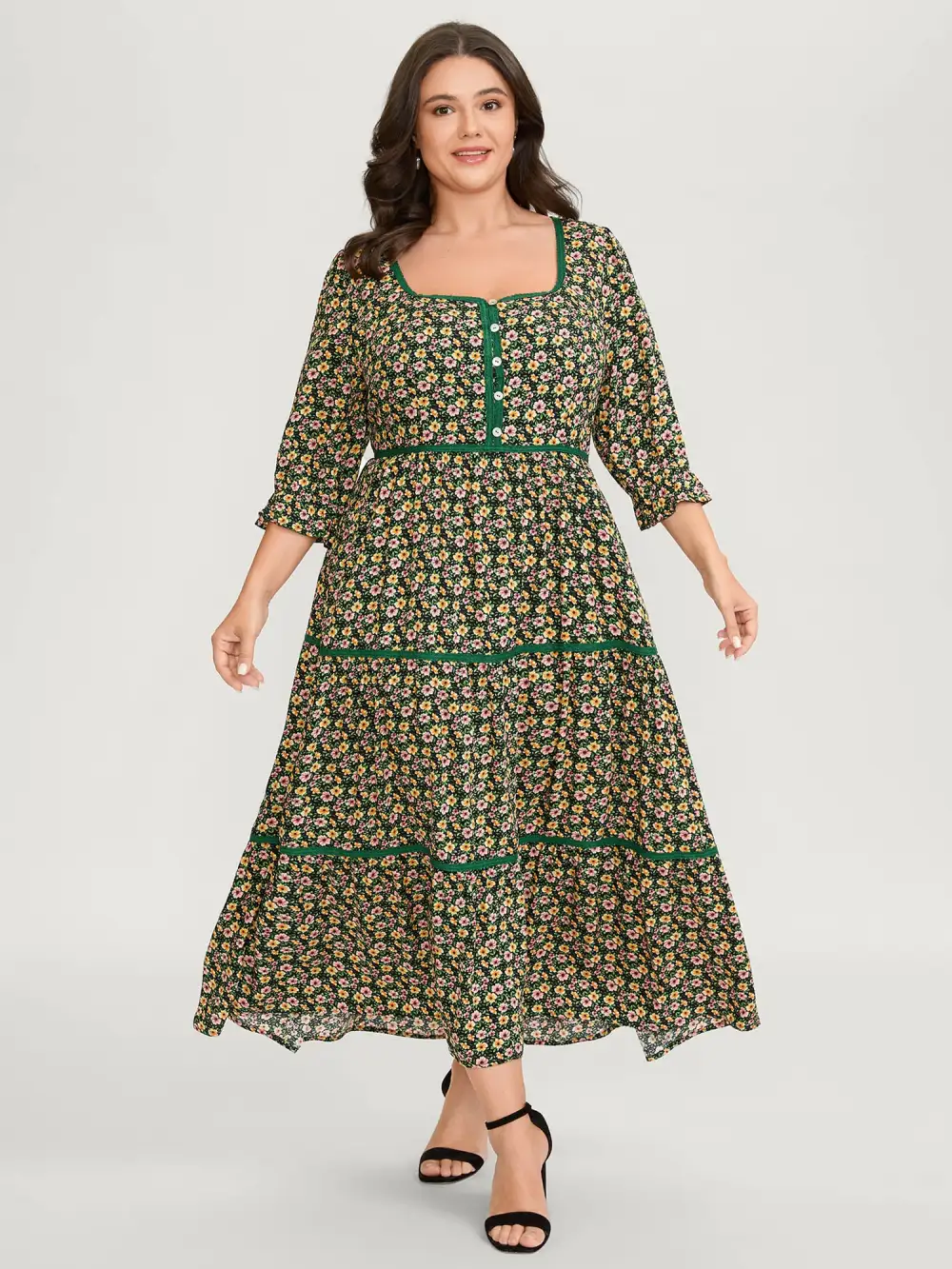 Dense Floral Print Stretchy Waist Maxi Dress