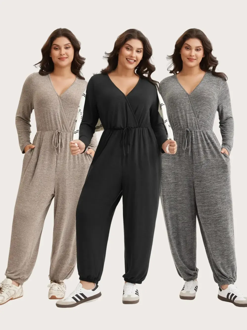 3 Pack Elastic Waist Overlap Collar Lounge Jumpsuit
