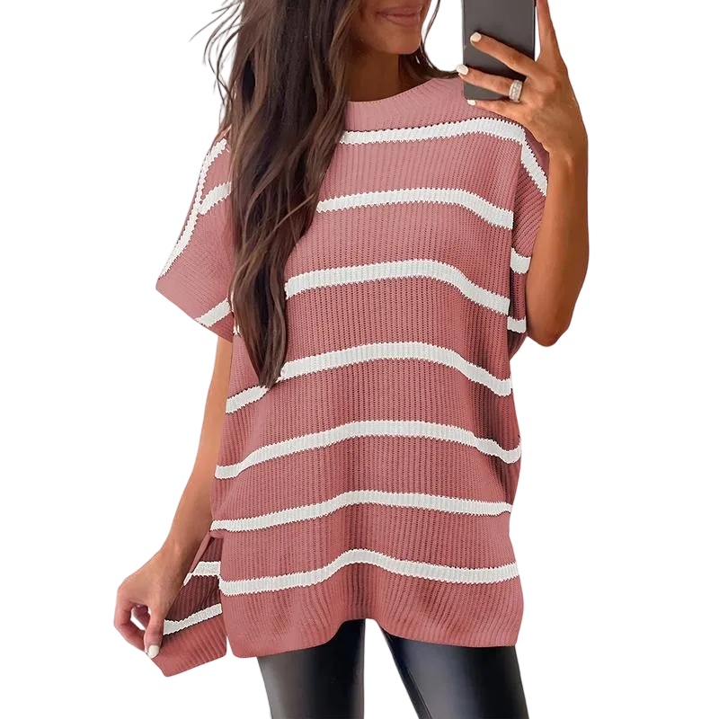 Women's Oversized Knit Sweater – Drop Shoulder, Short Sleeve, Casual Summer Pullover