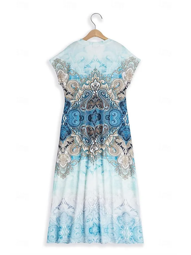 Women's Casual Dress Graphic Tribal Split Hem V Neck Maxi Dress Boho Vacation Short Sleeve Summer