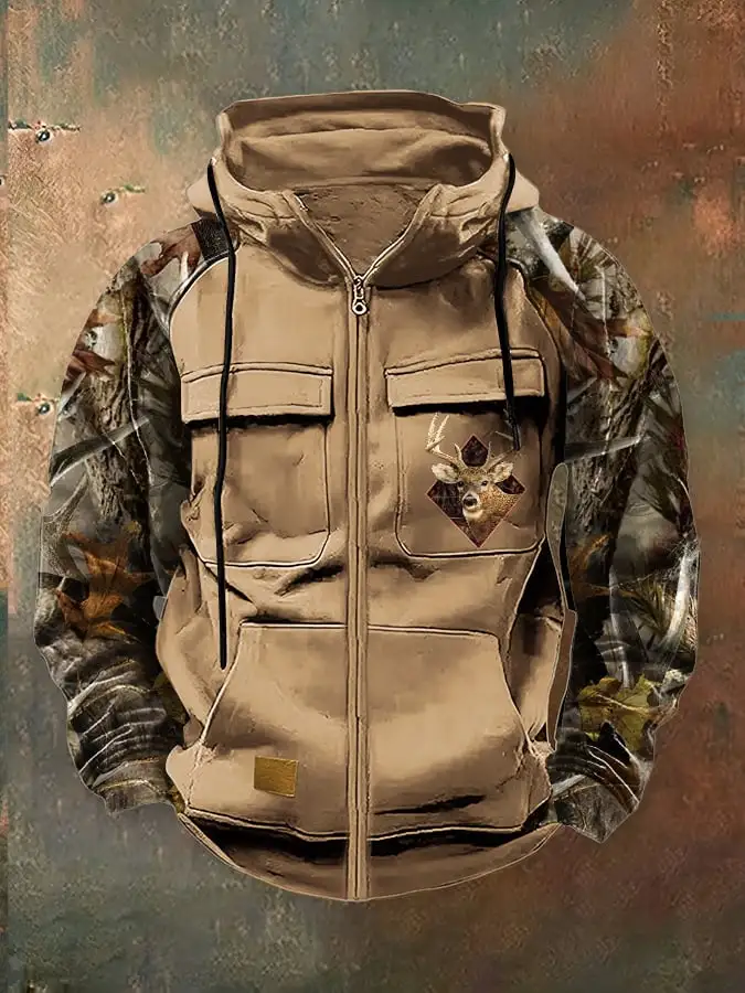 Men's Casual Retro Western Contrast Color Zipper Multifunctional Jacket