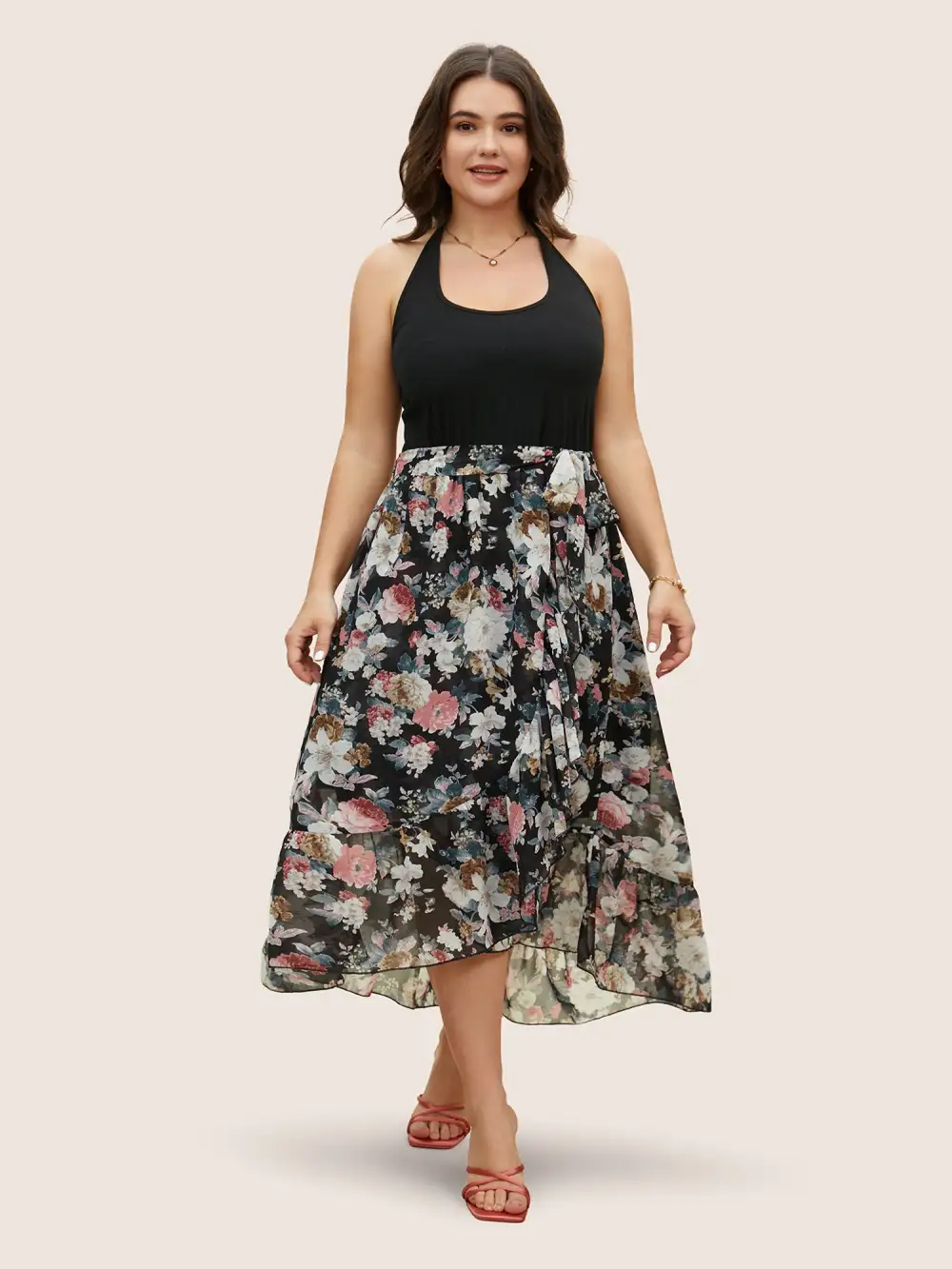 Halter Neck Patchwork Floral Belted Dress