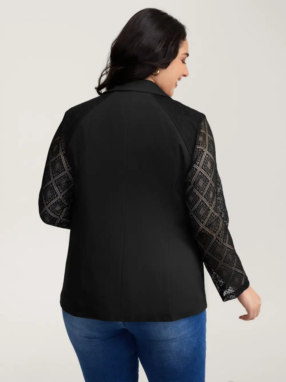 Stretchy Textured Sheer Sleeve Contrast Blazer
