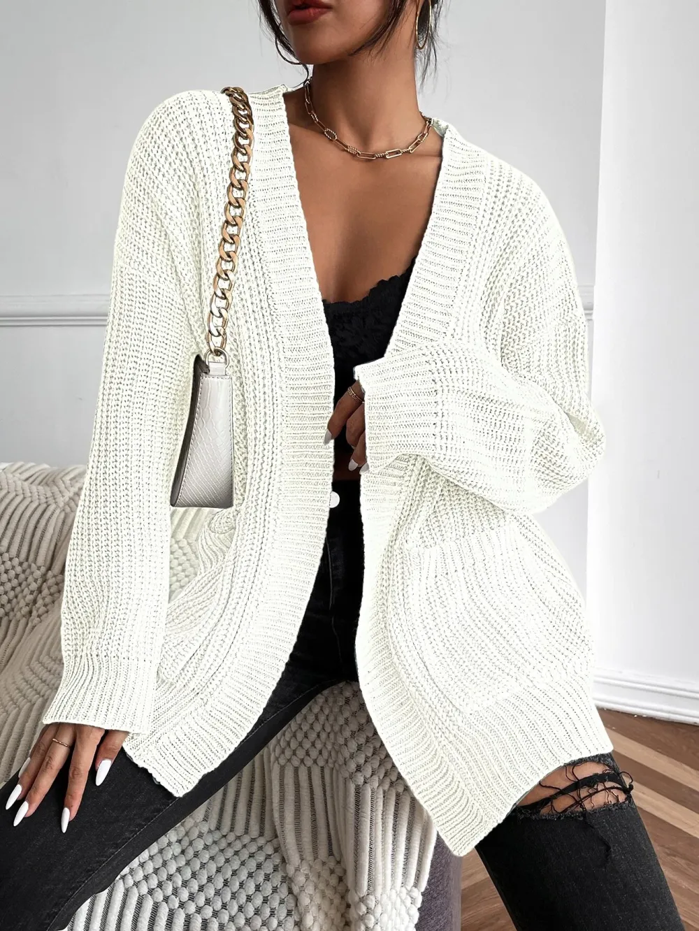 Frenchy Solid Dual Pockets Ribbed Knit Cardigan