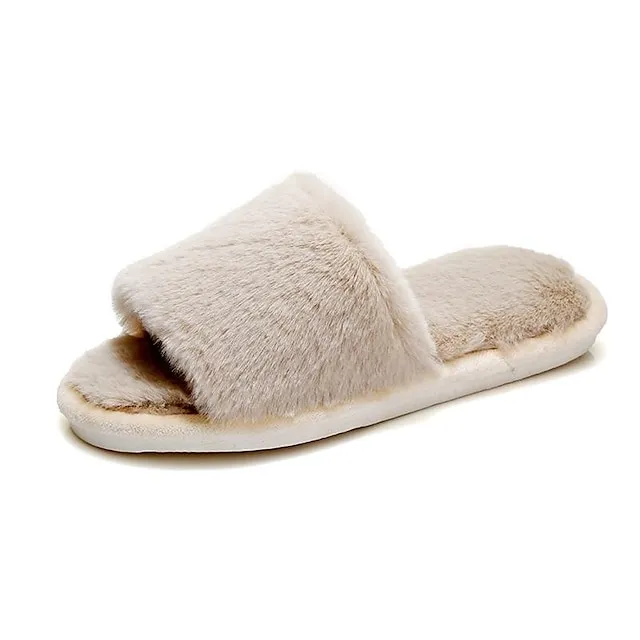 Women's Slippers Furry Feather Fuzzy Slippers Fluffy Slippers House Slippers Home Daily Solid Color Winter Flat Heel Open Toe Casual Comfort Minimalism Walking Suede Wine Red Black White