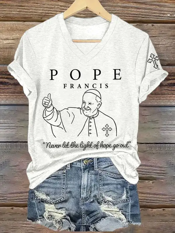 Women's Never Let The Light Of Hope Go Out 1936-2025 Print Short Sleeve V-Neck Cotton T-Shirt