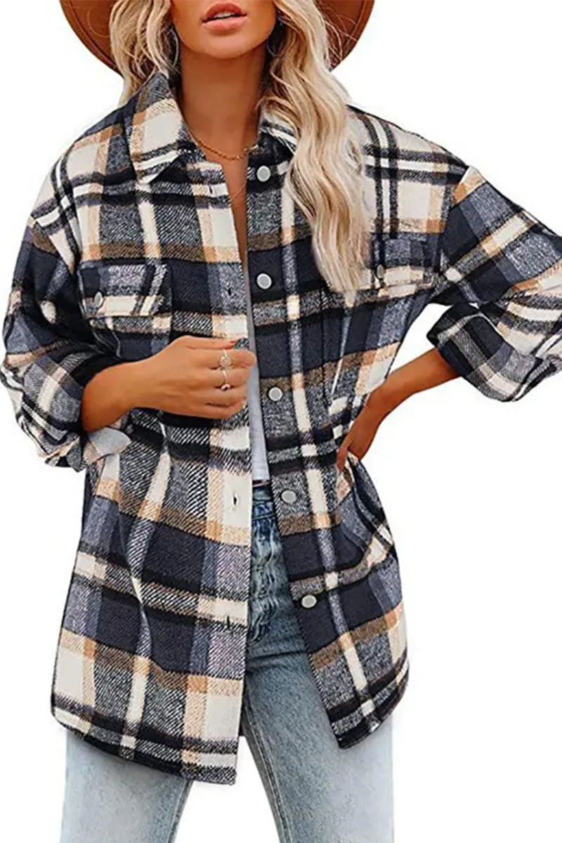 WOMEN OVERSIZED PLAID PATTERN LONG SHACKET