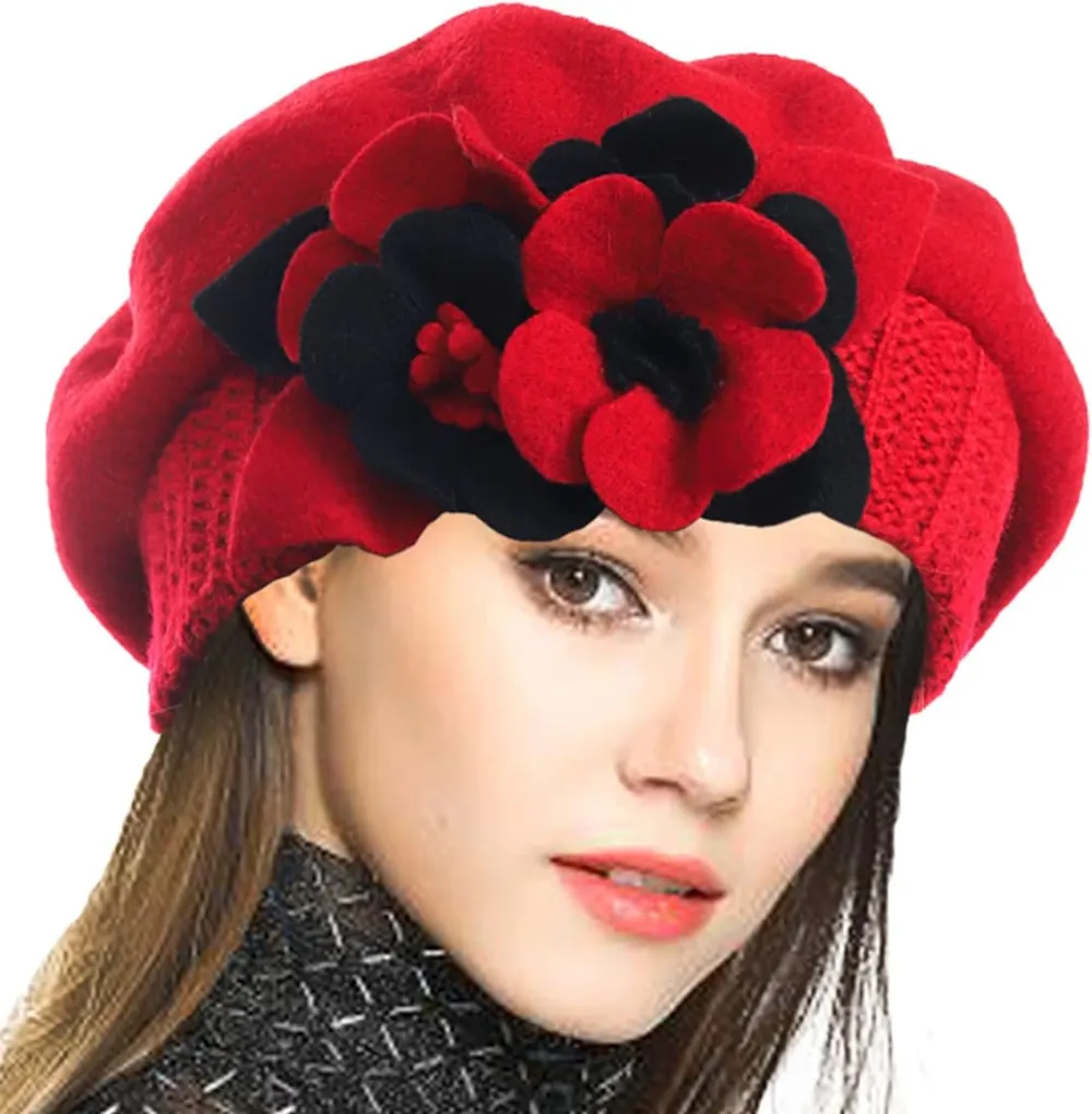 Lady French Beret 100% Wool Beret Floral Dress Beanie Winter Hat
