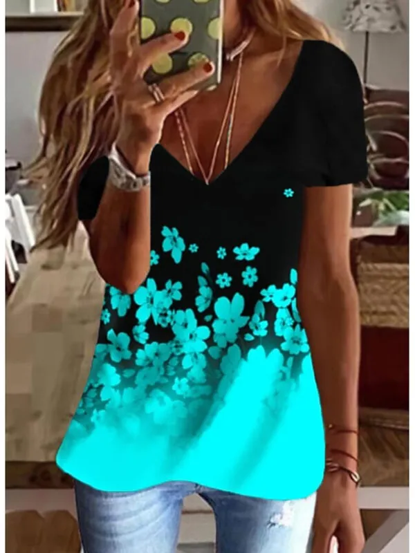 Women's T shirt Tee Going Out Tops Graphic Daily Weekend Print Blue Short Sleeve Tunic Basic V Neck