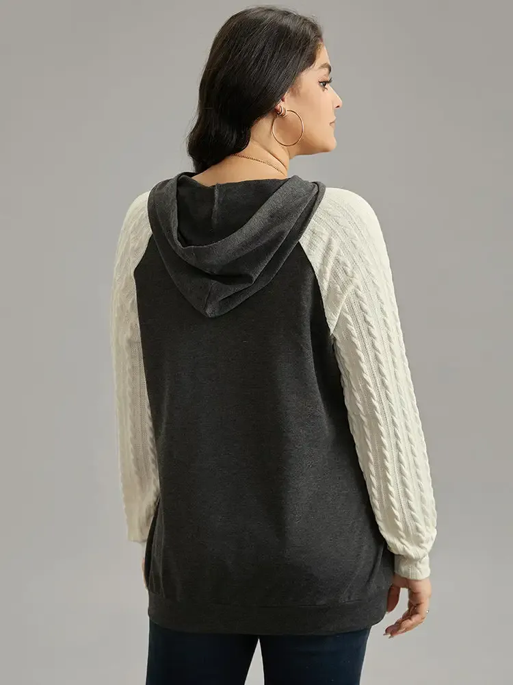 Contrast Cable Knit Pocket Hooded Drawstring Sweatshirt