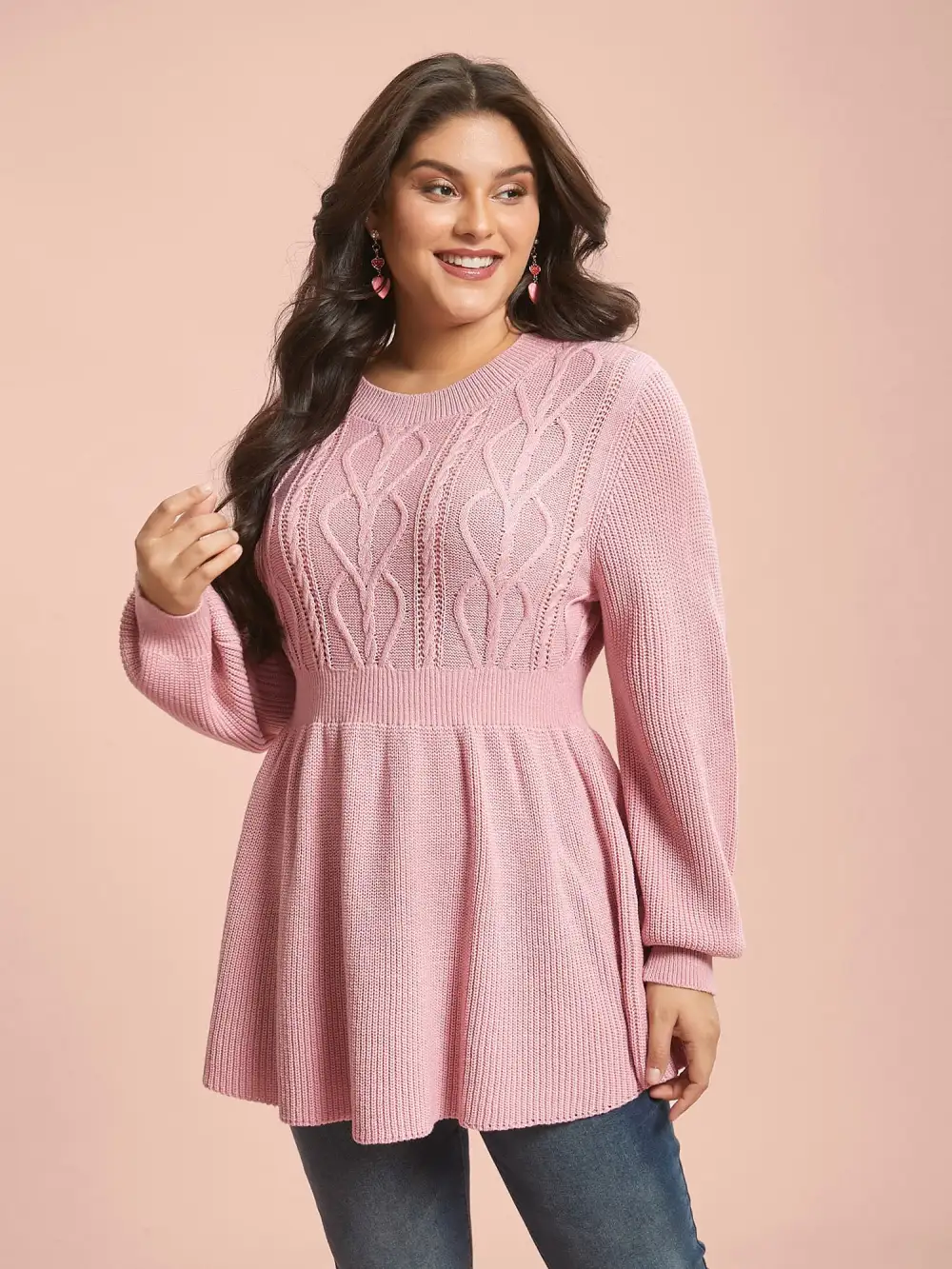 Textured Cable-Knit Waist Cinched Pullover