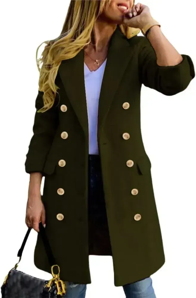 Womens Fall Winter Wool Coats Double Breasted Midi Peacoat Trench Coats