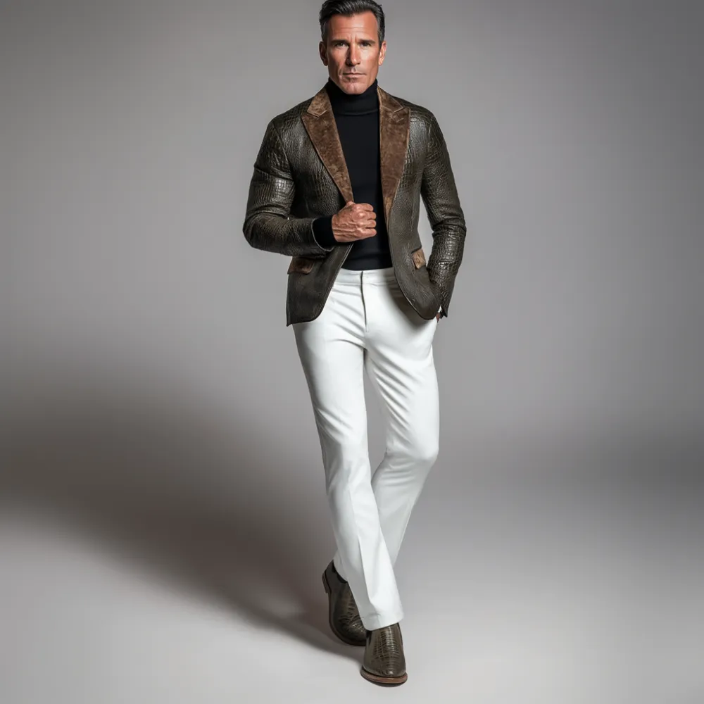 Men's Retro Peak Lapel Patchwork Alligator Pattern PU Leather Blazer