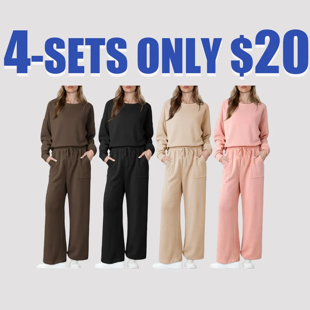 Women's Cotton 2 Piece Outfits Sweatsuit Casual Fall Long Sleeve Knit Tops And Pants Lounge Sets