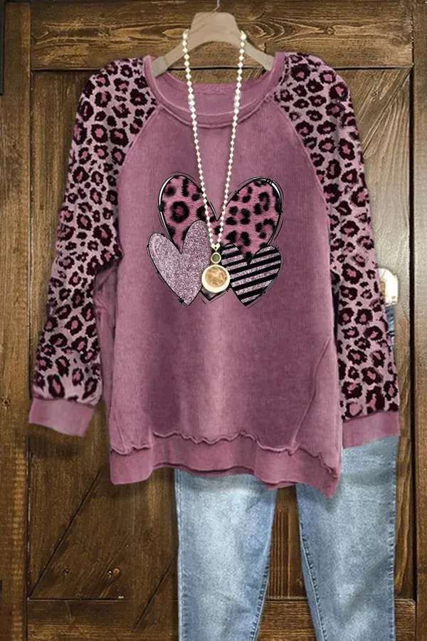 Leopard Heart Print Casual Sweatshirt